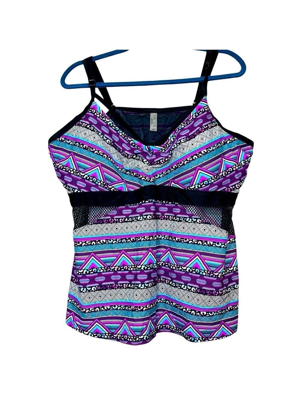 Cactus Tankini Swim Top Black Mesh Blue Tribal 3X Built in Bra Pool Beach Resort